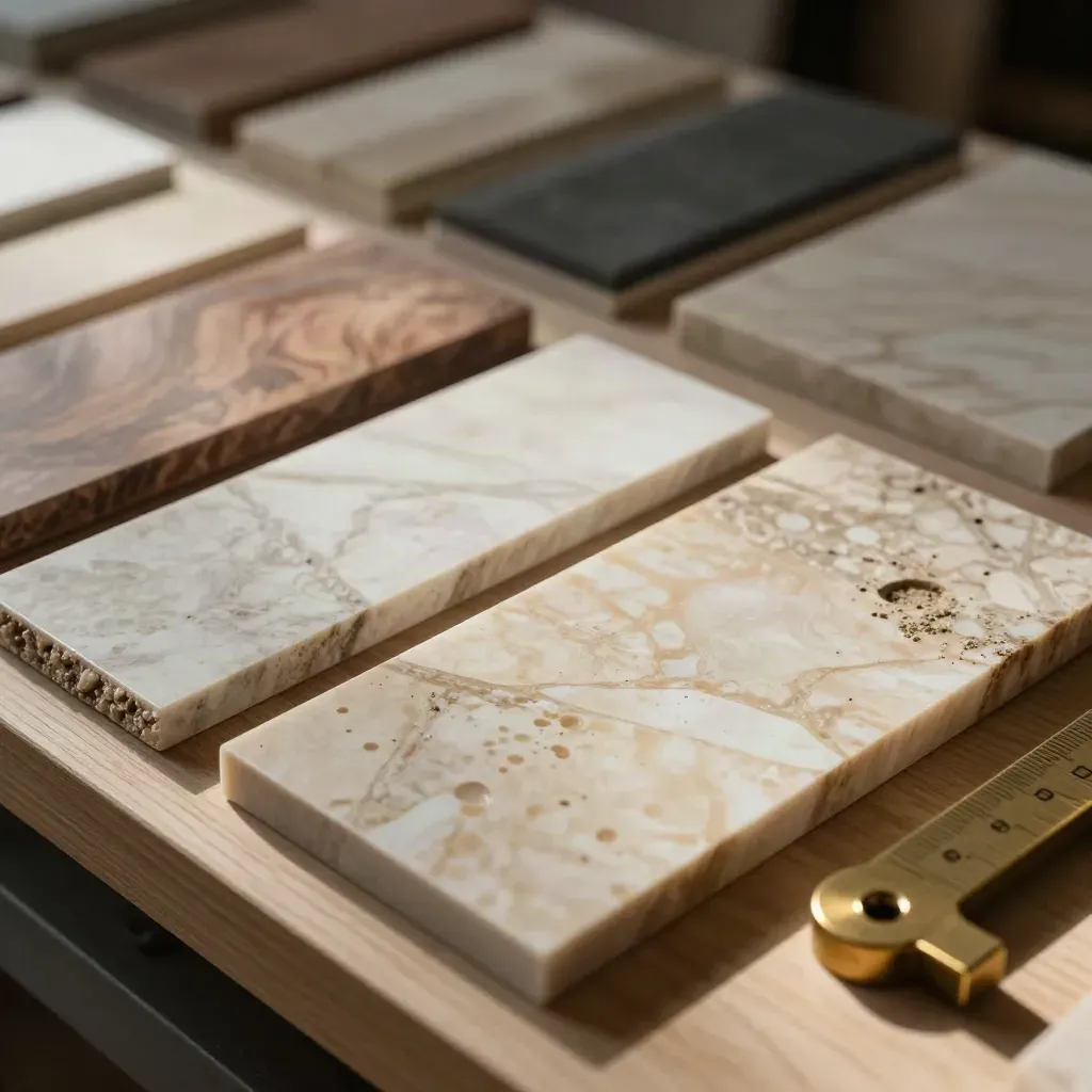 Campioni di marmo e travertino con carte finitura e uno strumento in ottone su rovere