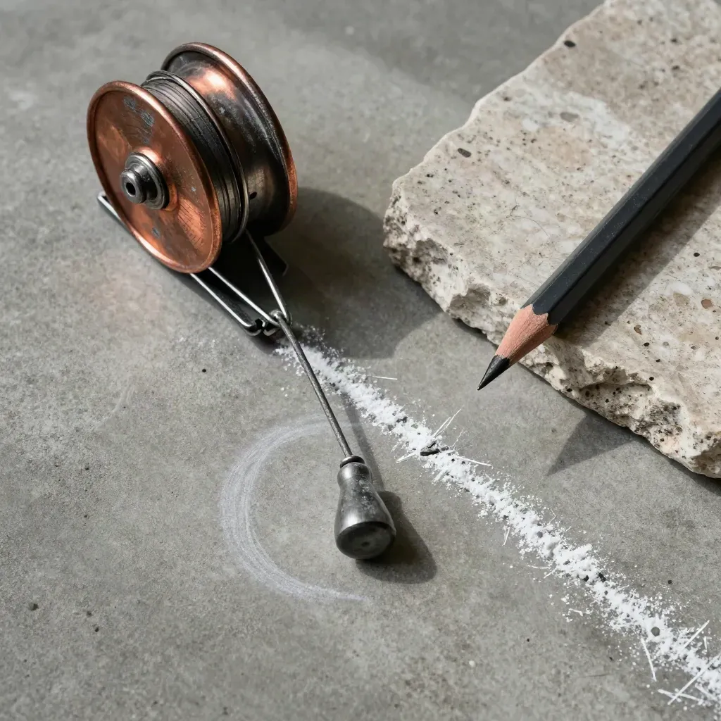 Flatlay tecnico con filo a piombo, traccialinea, matita e campione di pietra su cemento.