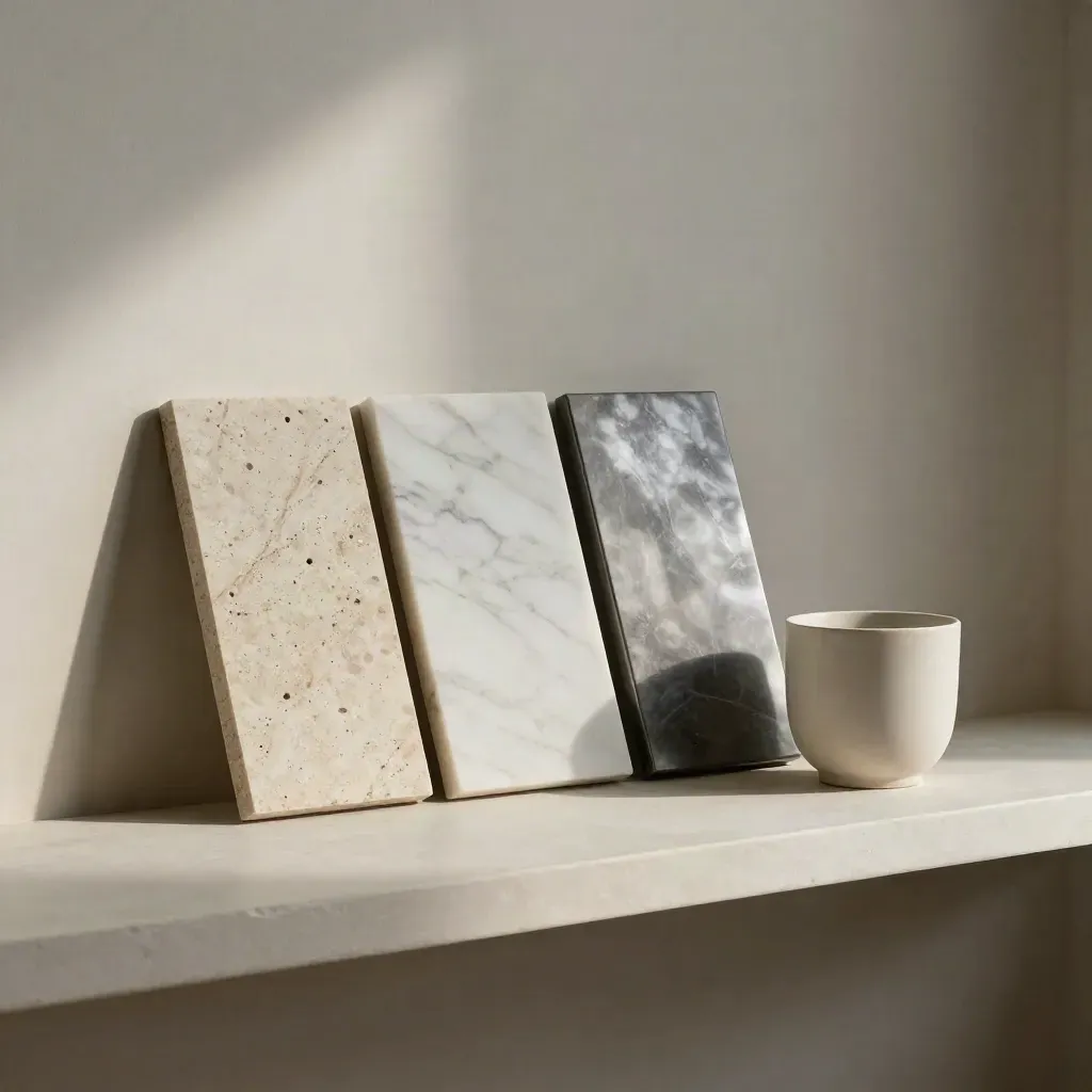 Campioni di marmo, travertino, pietra e metallo su mensola chiara con tazza ceramica.