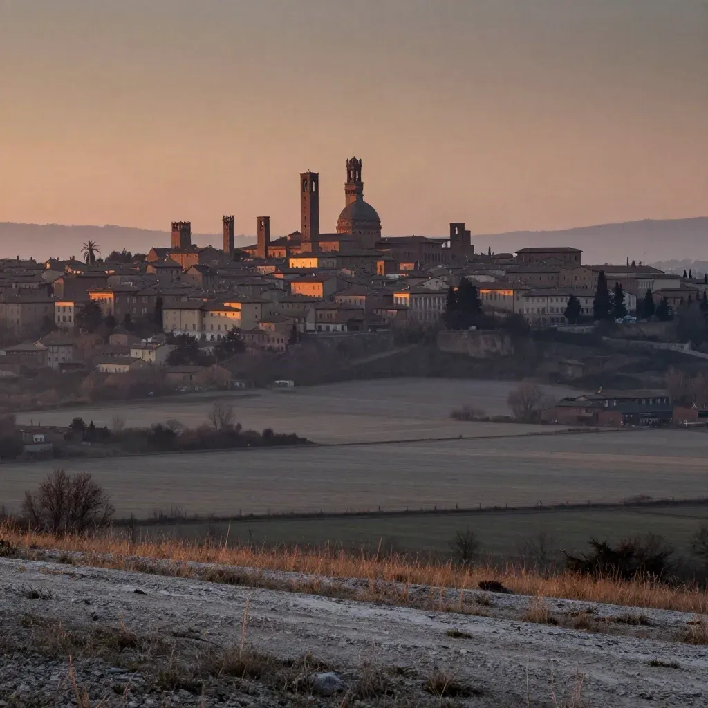 Bologna al tramonto vista da un crinale, con la pianura velata e i tetti in mattoni.